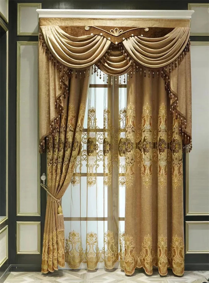 Rideau Brodé Luxe – Chenille, Style Européen, Avec Cantonnière .