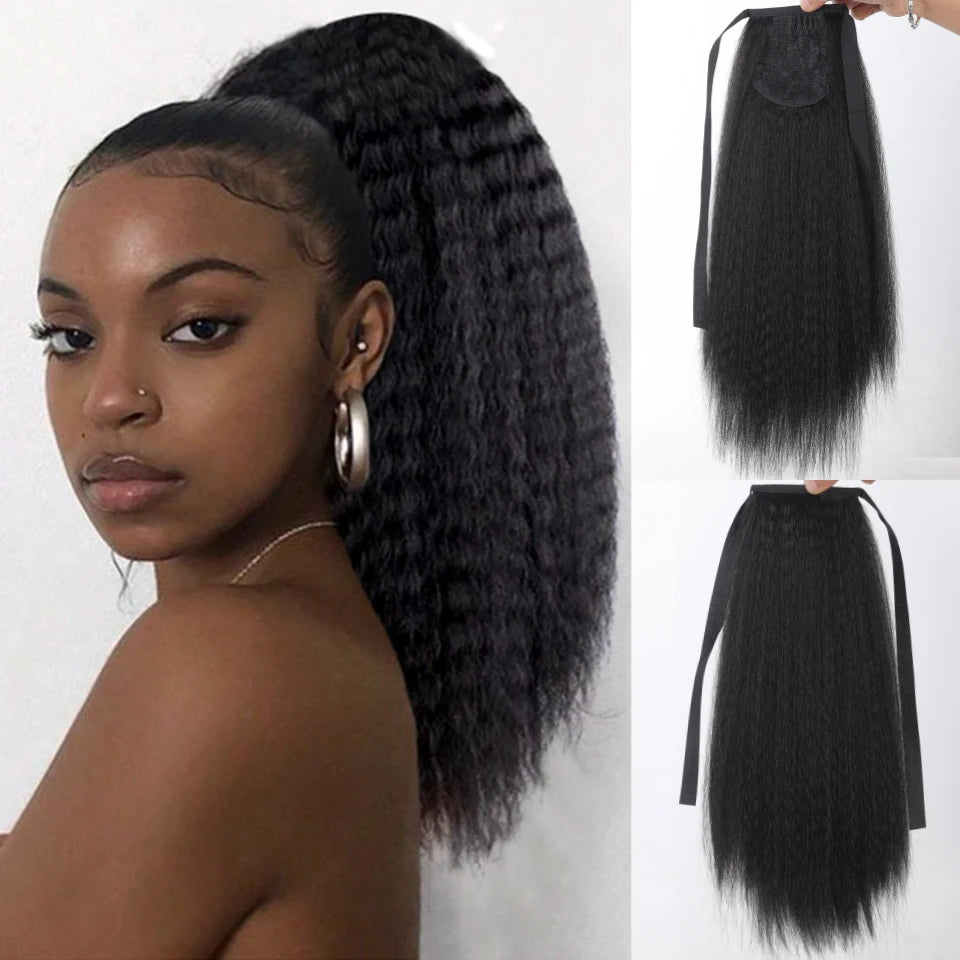 Synthetic Yaki Curly Ponytail, 18", Natural Black.