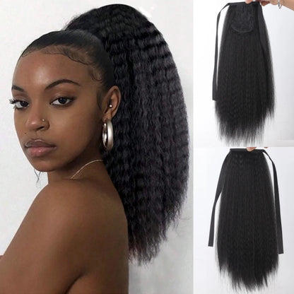 Synthetic Yaki Curly Ponytail, 18", Natural Black.
