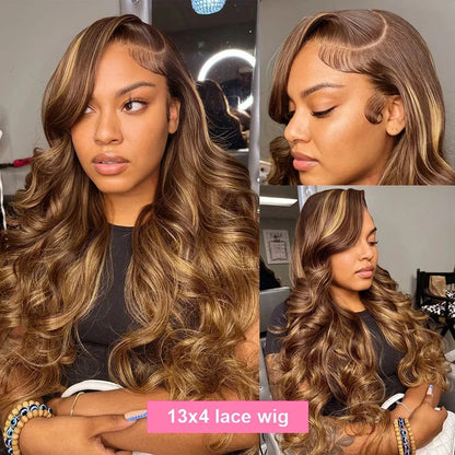 Perruque Lace Frontal Body Wave HD, cheveux humains, reflets blonds .