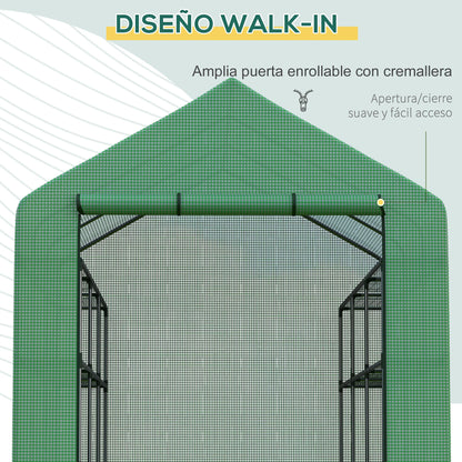 Petite serre Outsunny 244x180x210 cm verte avec 4 niveaux d'étagères, cadre acier robuste et bâche PE anti-UV