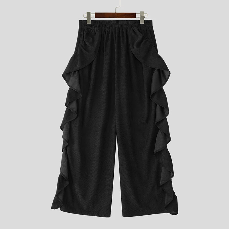 Pantalon homme INCERUN velours imprimé couleur unie à volants, taille élastique – Streetwear ample mode décontracté S-5XL