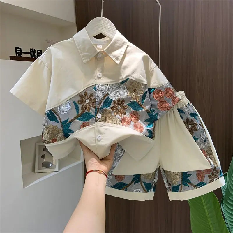 Ensemble été garçon – chemise manches courtes, haut + bas, 7-14 ans