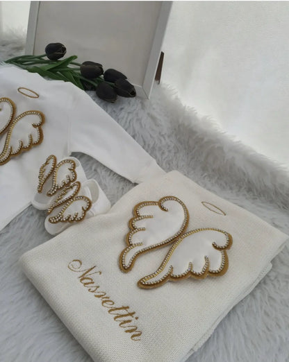 Barboteuse Bébé Jetable avec Nom, Ailes d'Ange, Sortie de Maternité .