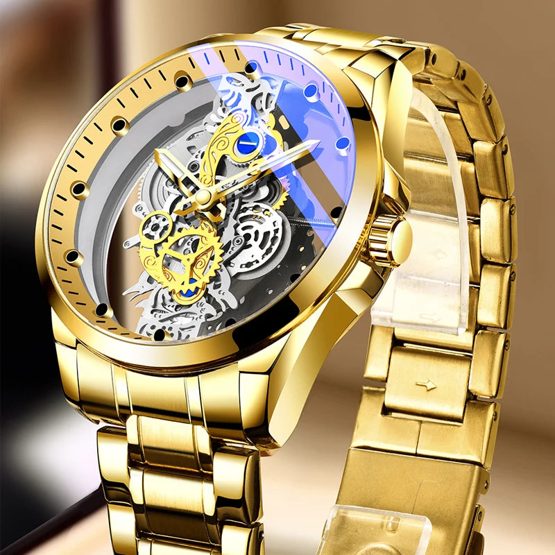 Montre homme quartz squelette doré rétro luxe .