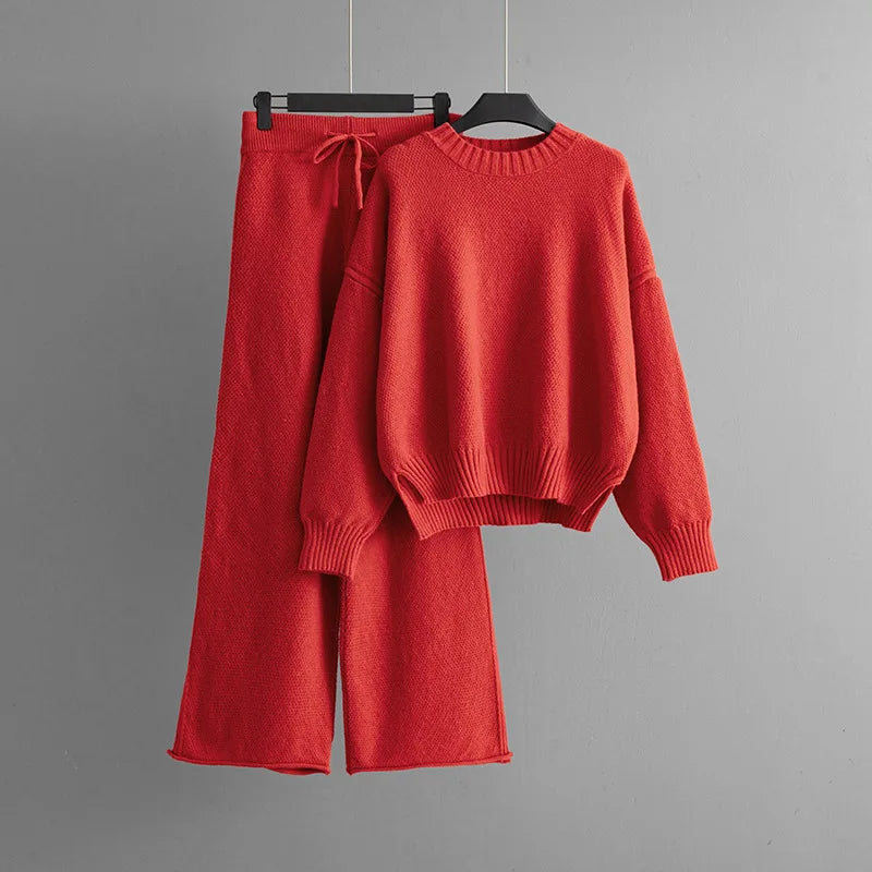 Tenue Tricotée Femme – Pull Manches Longues + Pantalon Wide Leg