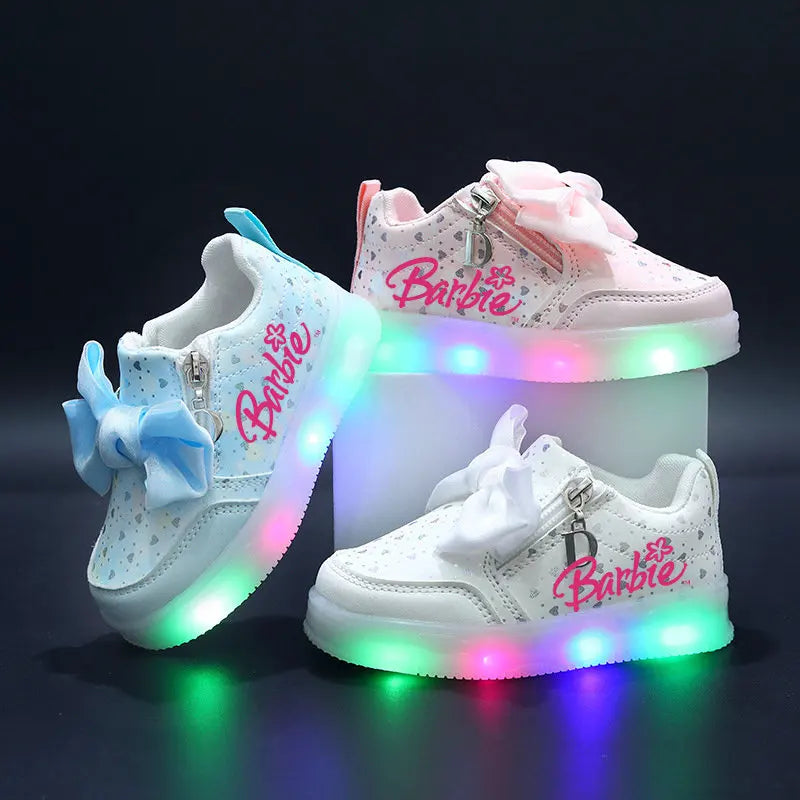 Barbie baskets filles LED, semelles souples, noeud papillon, chaussures sport décontractées