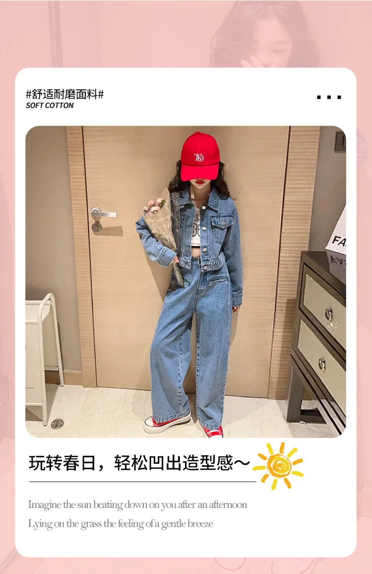 Pantalon Denim Jambes Larges Filles, Style Coréen, Printemps/Automne , 2 Pièces .