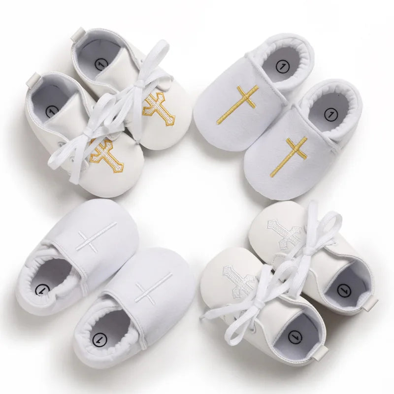 Chaussures bébé baptême – Blancs, semelle croisée, premiers pas, garçon et fille