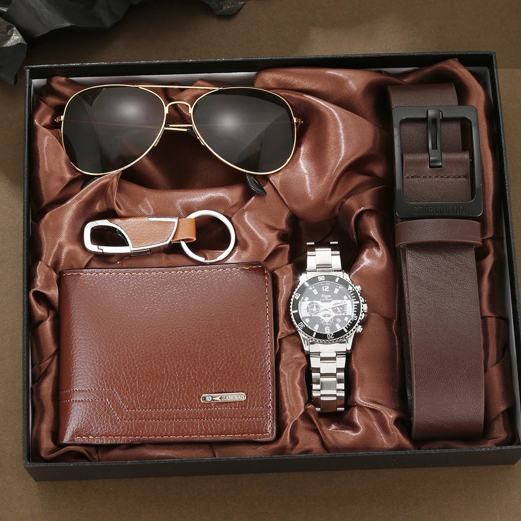 Coffret homme élégant – Montre, accessoires : portefeuille, ceinture, lunettes, porte-clés, tondeuse, cadeau luxe