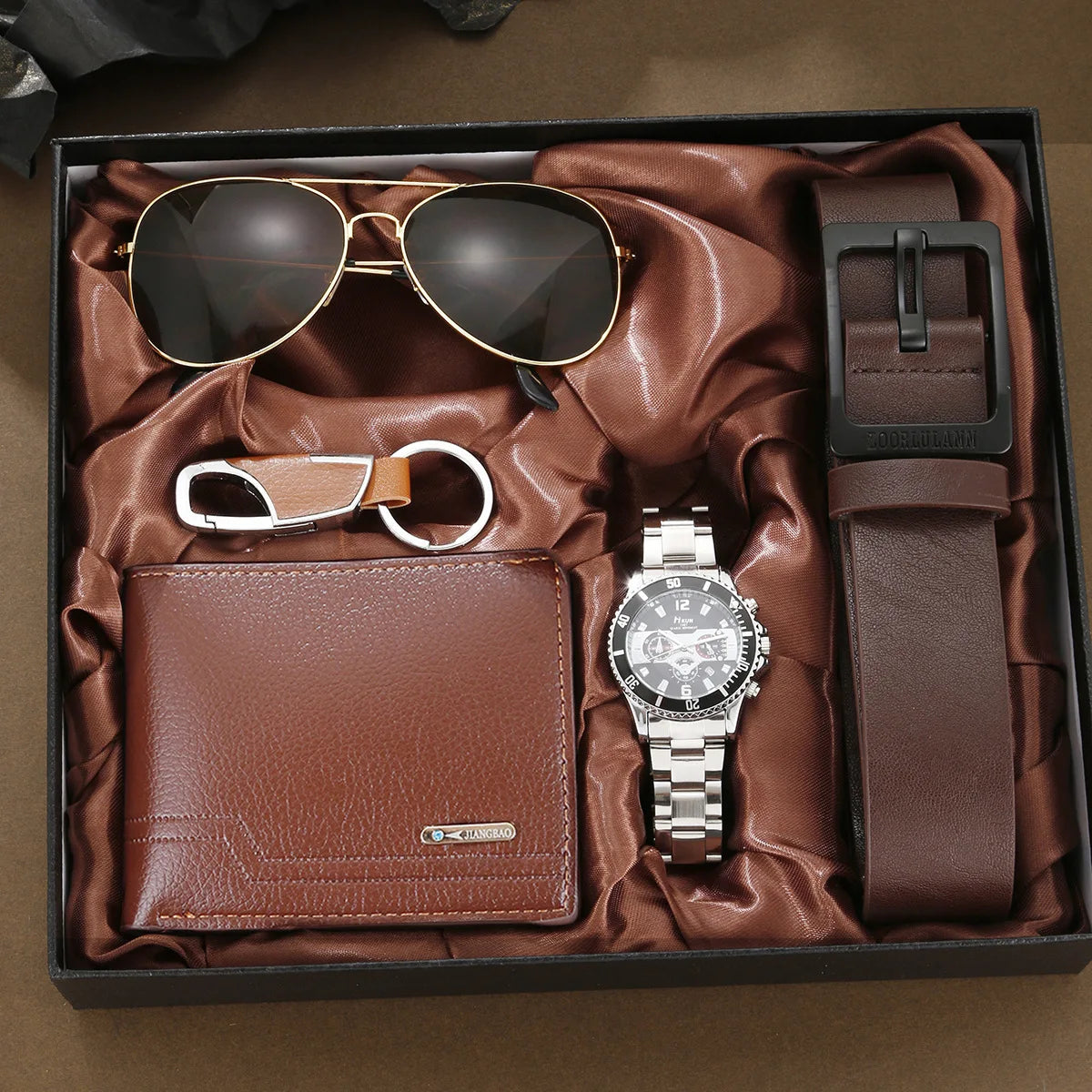 Coffret homme élégant – Montre, accessoires : portefeuille, ceinture, lunettes, porte-clés, tondeuse, cadeau luxe