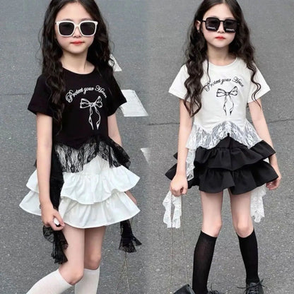 Ensemble été fille 2-10 ans : haut + jupe, costume princesse élégant, nouvelle collection  .