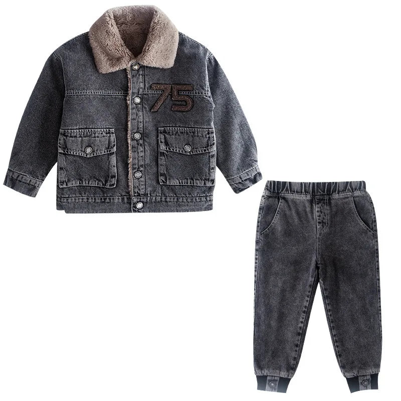 Vêtements enfants ado – Ensemble manteau fourré + jean, école, saison froide