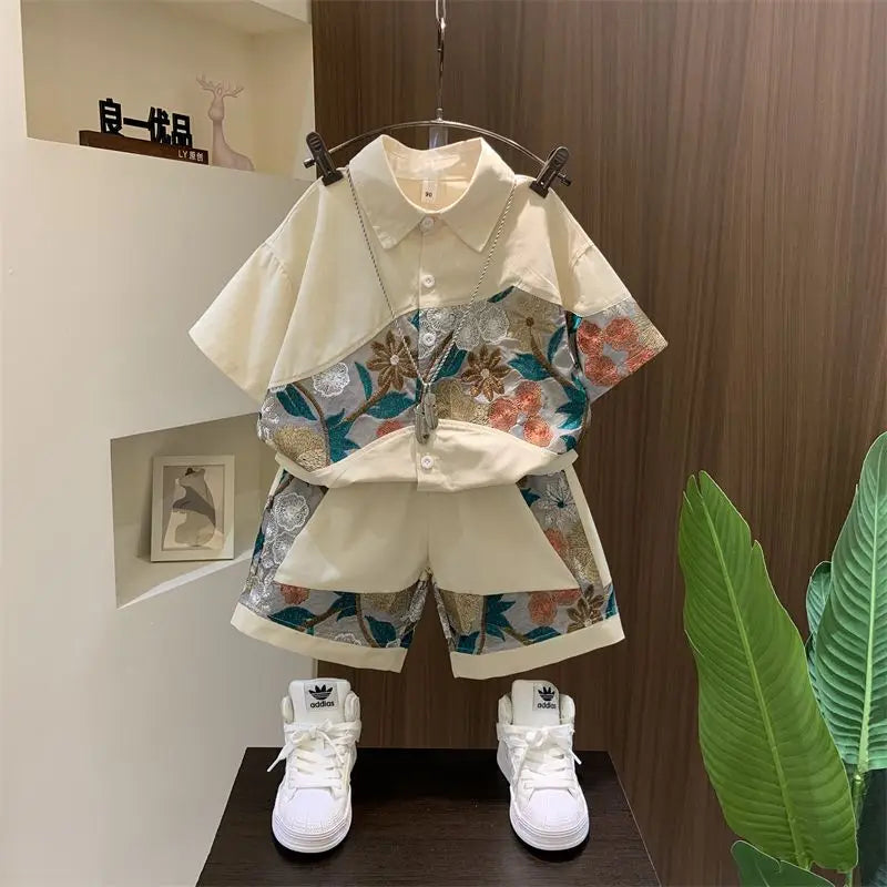 Ensemble été garçon – chemise manches courtes, haut + bas, 7-14 ans