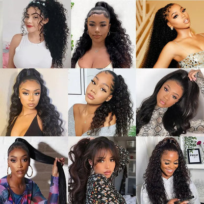 Extensions Cheveux Naturels Brésiliens Remy Bouclés Queue Cheval Noir﻿