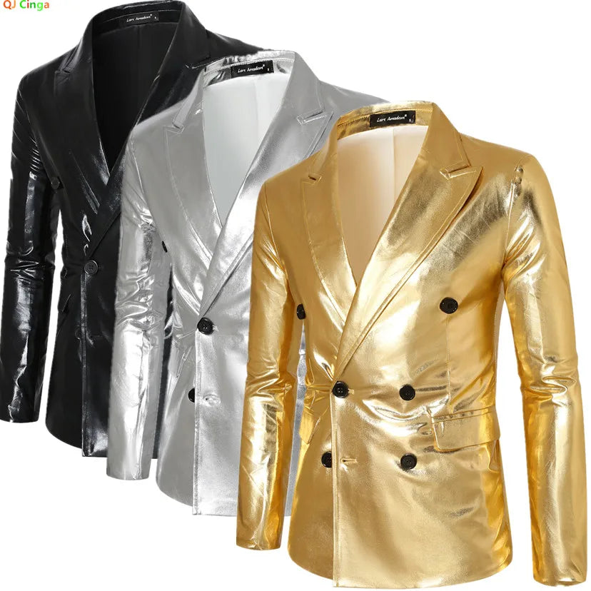 Blazer homme noir et argent à col V, paillettes dorées, manches longues – Fête & scène .