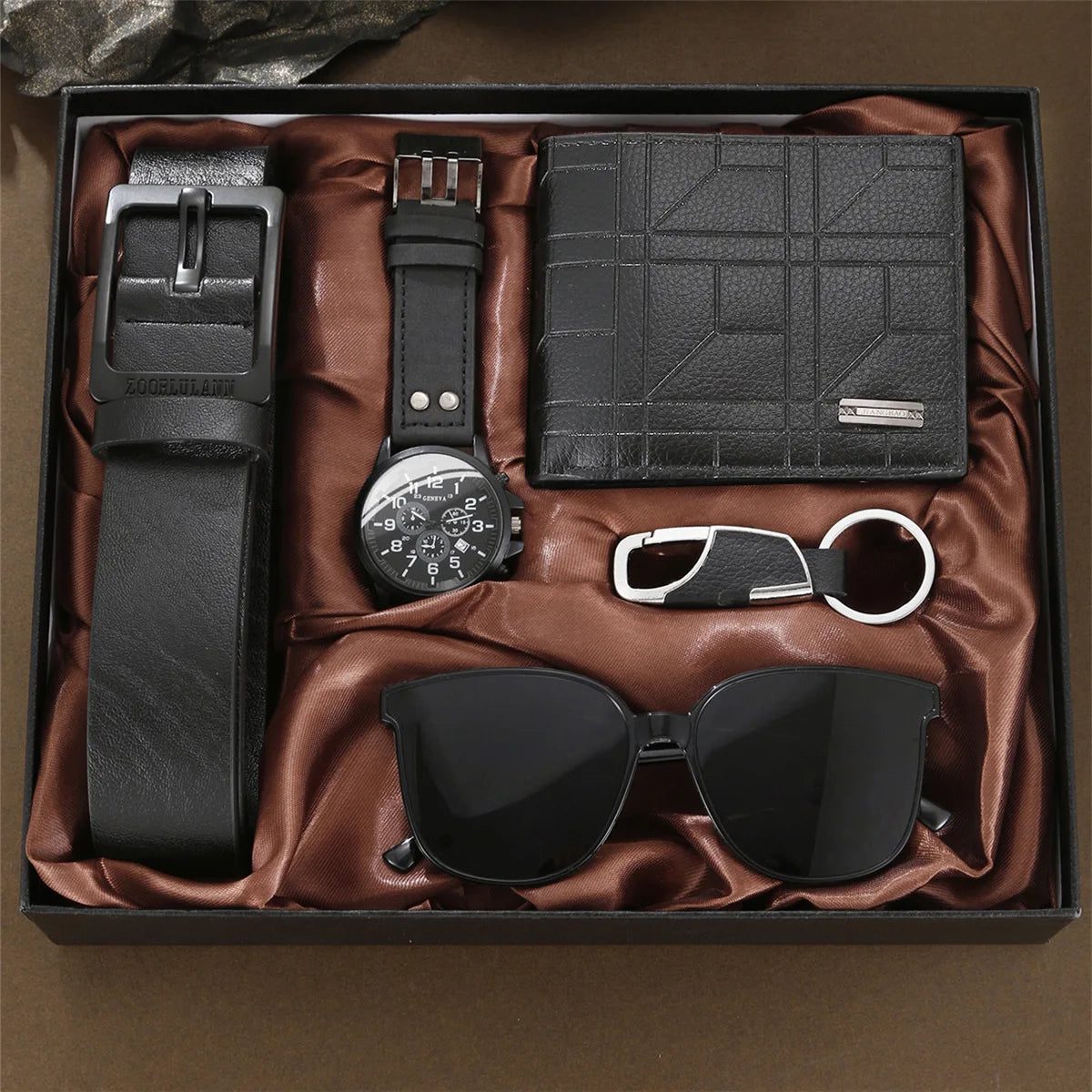 Coffret homme élégant – Montre, accessoires : portefeuille, ceinture, lunettes, porte-clés, tondeuse, cadeau luxe