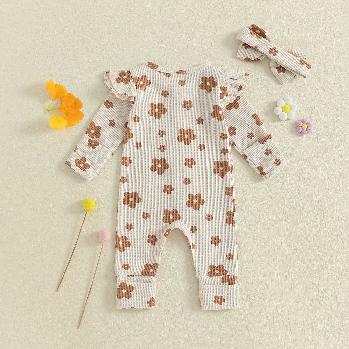 Ensemble bébé fille 2 pièces : combinaison florale à manches longues + bandeau .