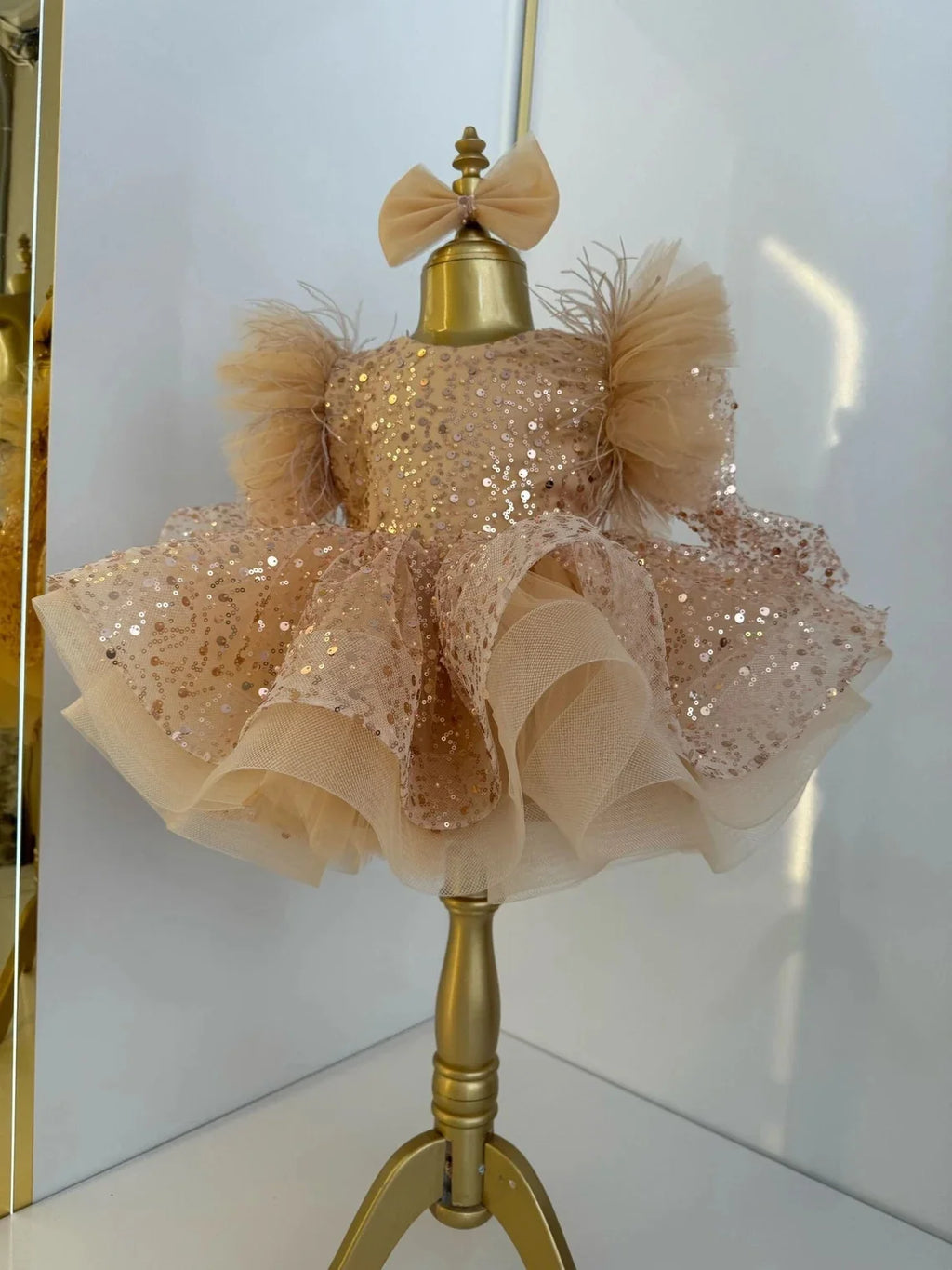 Robe à fleurs dorées fille﻿– bouffante brillante avec noeud, mariage, anniversaire, communion