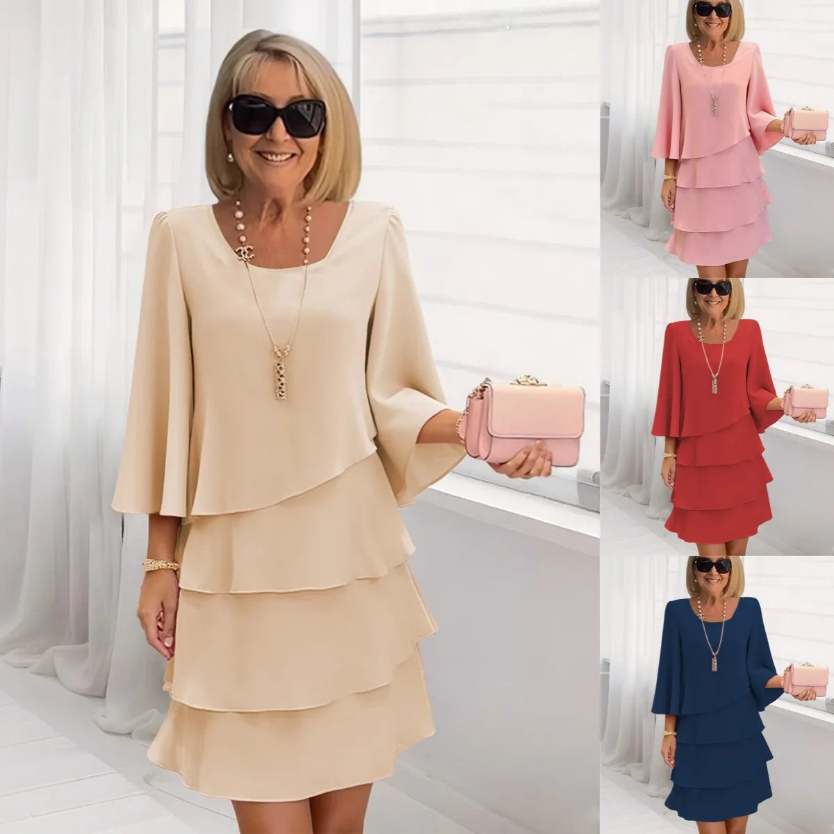 YIKOOLIN Robe Femme Chic – Mi-Longue en Mousseline, Style Irrégulier, Col Rond Printemps-Été