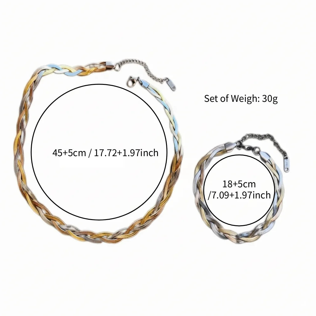 Ensemble Femme Acier – Collier Serpent Plat & Bracelet Tricolore, Style Moderne Élégant