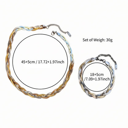 Ensemble Femme Acier – Collier Serpent Plat & Bracelet Tricolore, Style Moderne Élégant