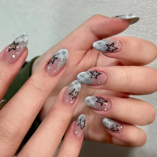 24 pcs faux ongles français mi-longs amande rouge étoile détachables