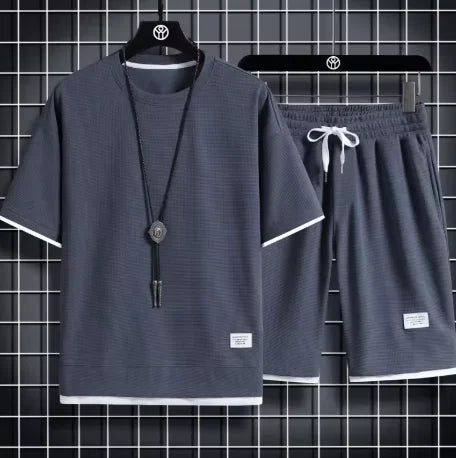 Ensemble mode été homme – T-shirt et short gaufré, décontracté, confortable, sport et course, style ample