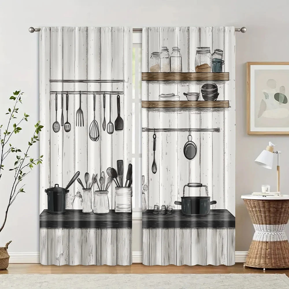 2 pièces rideaux cuisine, tissu imprimé 2D lavable en machine, sans tige, déco maison