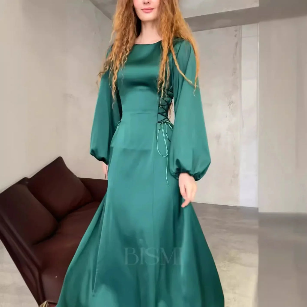 Abaya chic femme – Robe slim à lacets et col rond, style musulman, soirée