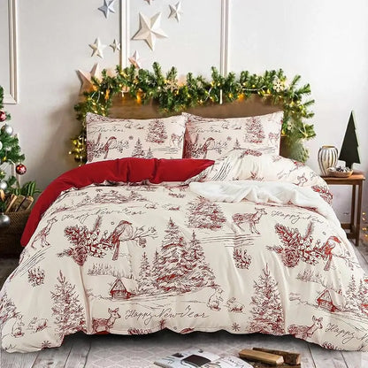 Ensemble literie Noël rouge campagne, microfibre douce 3 pièces