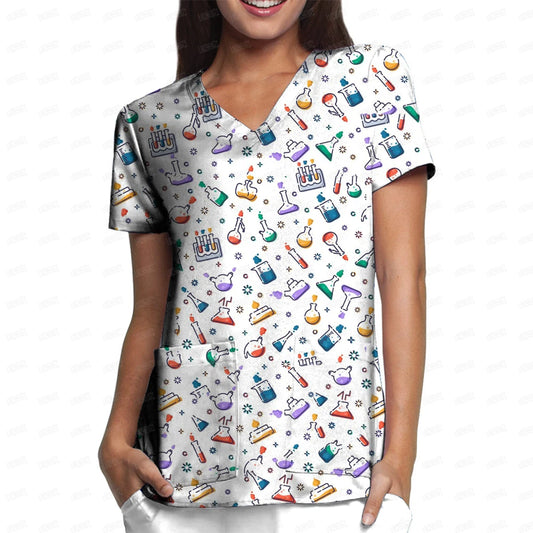 Uniformes dentaires imprimé dents – blouse col V manches courtes, infirmière et clinique .