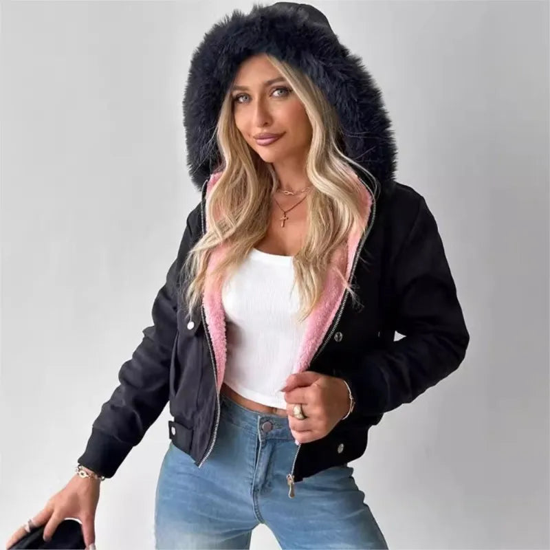 Sweat à Capuche Femme Hiver Vintage avec Col en Fourrure – Style Streetwear décontracté