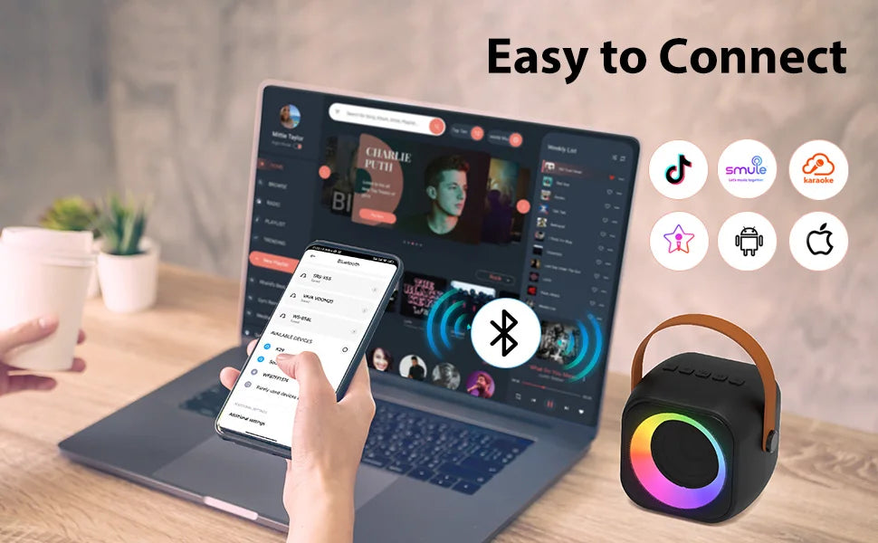 Mini machine karaoké Bluetooth enfants K12, portable avec 2 micros sans fil.