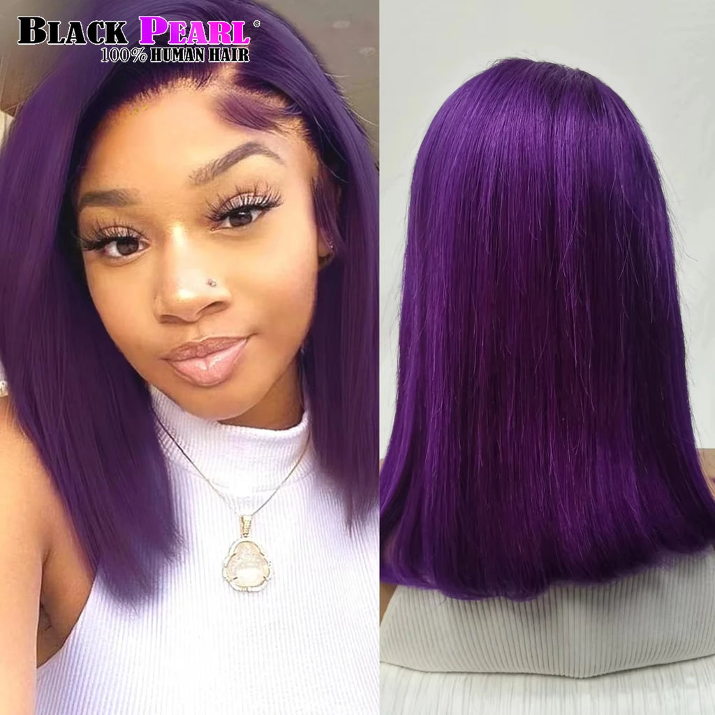 Perruque Bob violette pré-plumée – Dentelle en T, 100% cheveux humains, perruque brésilienne droite, avant en dentelle