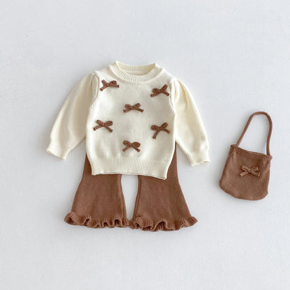 Ensemble bébé fille 3 pièces – pull, pantalon évasé & mini sac (automne)