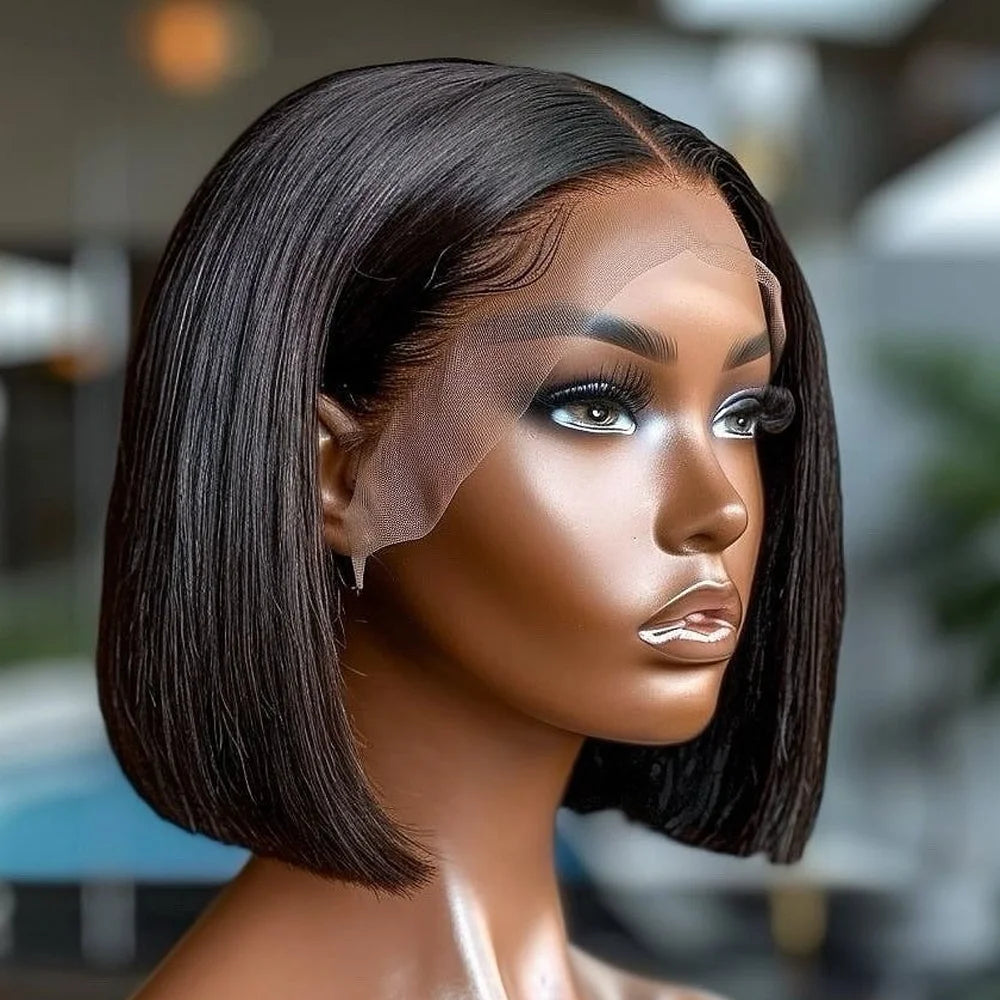 Perruque Bob 13x6 HD Lace Frontal Sans Colle – 100% Cheveux Humains Brésilien, Tressé, Coupe Os Droit, Noir Pré-Coupé Prêt à Porter