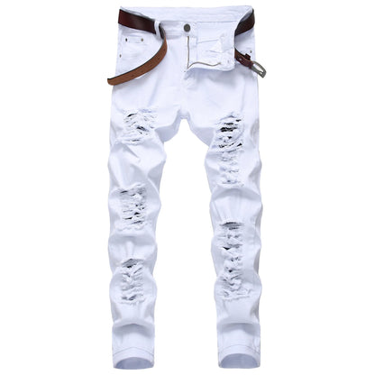 Jean Homme Destroy Droit, Pantalon Denim Blanc Grande Taille 28-42, Marque Mode .