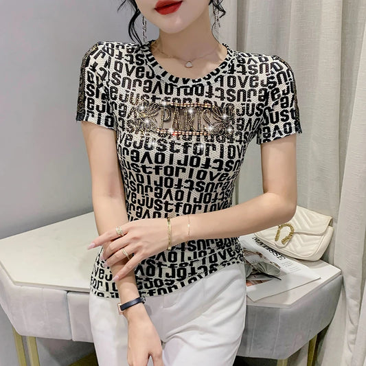 T-shirt Femme Manches Courtes Transparent – Slim décontracté, Impression Diamants, Design BrCorporelle , Multi Distribution, Style Tendance