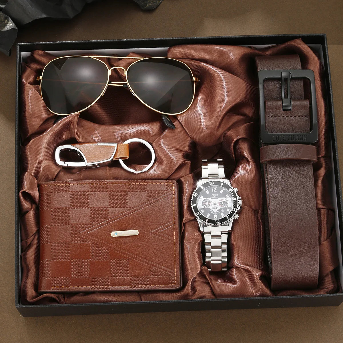 Coffret homme élégant – Montre, accessoires : portefeuille, ceinture, lunettes, porte-clés, tondeuse, cadeau luxe