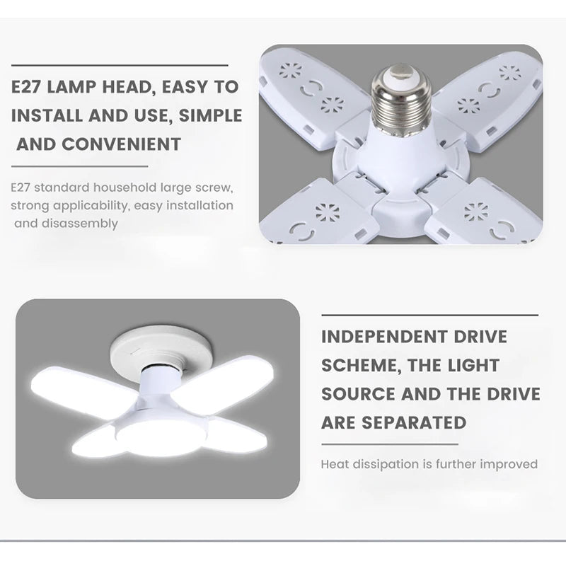 Ampoule LED pliable E27 28W, 40 LEDs, lumière blanche 6500K, pour plafonnier/garage .