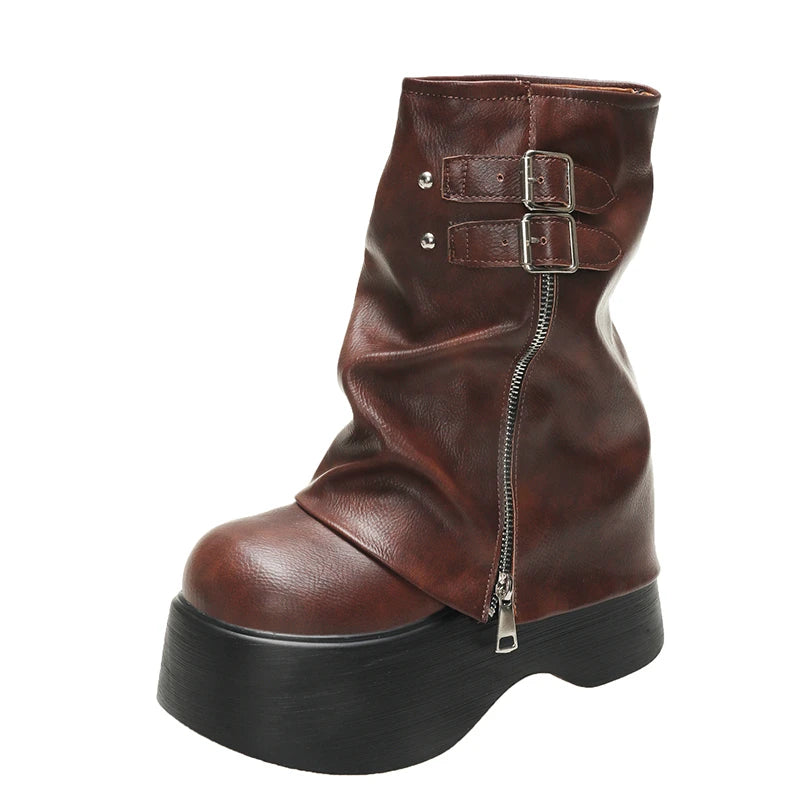 Bottines Mi-Mollet Femme – Cuir Souple Style Britannique, Plateforme 9 cm, Bottes Tendance Moto Automne Hiver