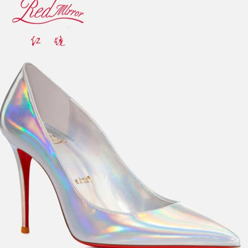 Escarpins femme luxe cuir, talons aiguilles bout pointu, rouge brillant et blanc .