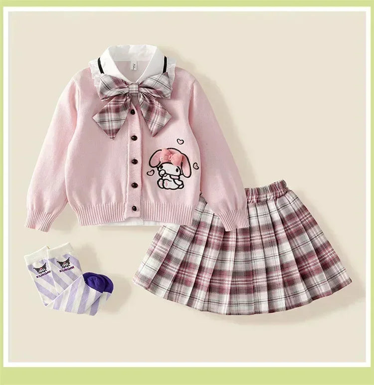 Ensemble cosplay Sanrio Kuromi My Melody 2024, jupe plissée JK, cardigan tricoté style collégial, costume trois pièces pour enfants