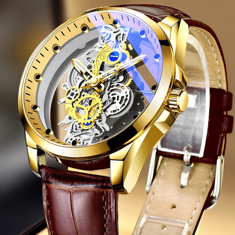 Montre homme quartz squelette doré rétro luxe .