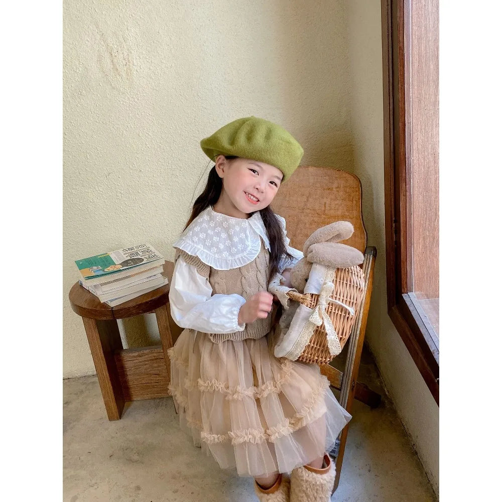 Gilet tricoté fille – sans manches, mode printemps/automne, 1‑7 ans