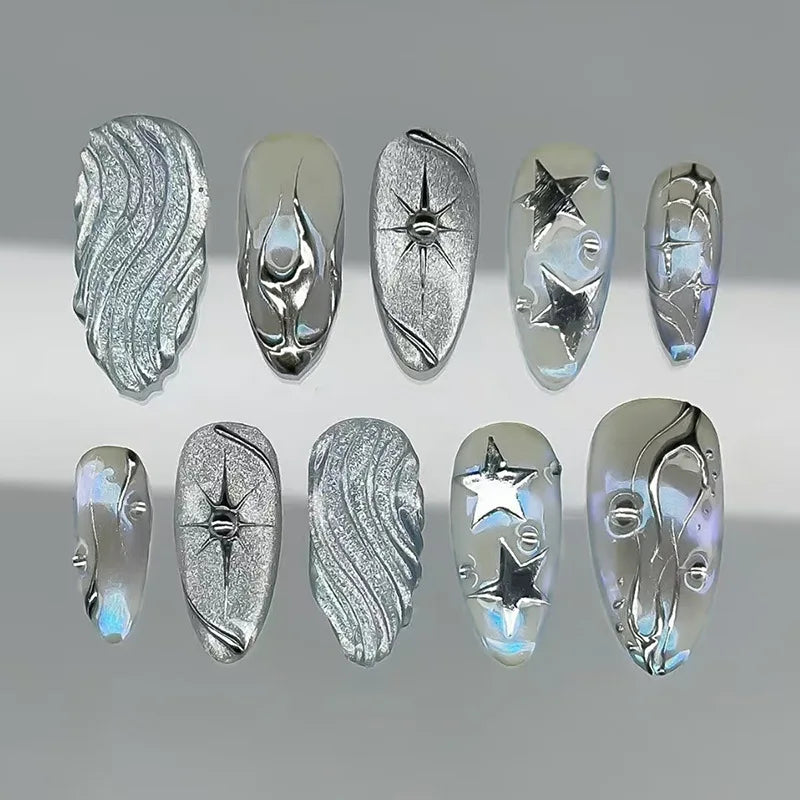 Faux ongles amande étoile argentée, 24 pcs, œil de chat détachables