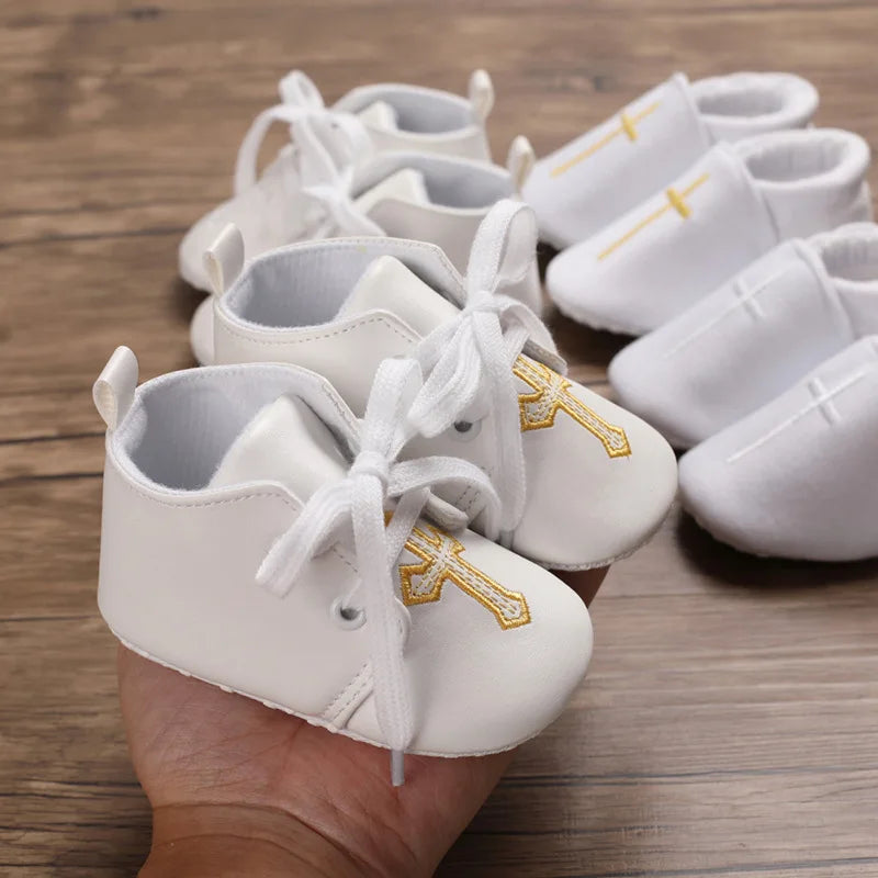 Chaussures bébé baptême – Blancs, semelle croisée, premiers pas, garçon et fille