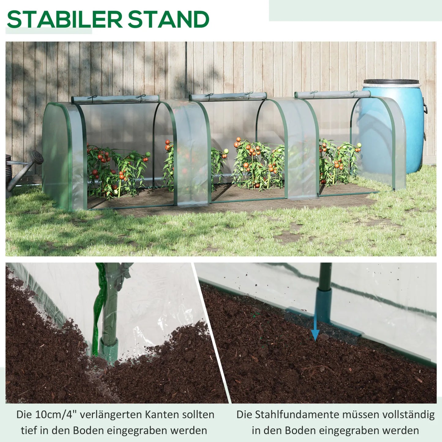 Serre de jardin tunnel Outsunny 295x100x80 cm avec 3 portes zippées, cadre en acier et bâche PVC imperméable et résistance aux UV