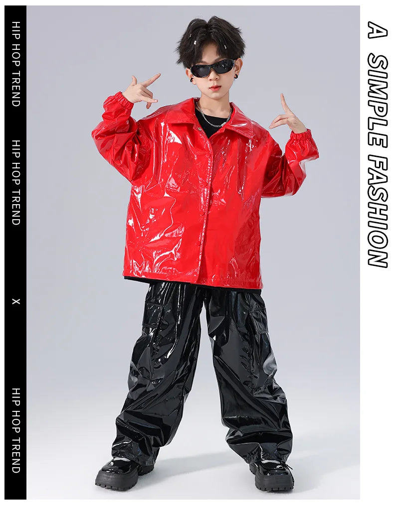 Costume Danse Jazz Garçon Filles, Pantalon Cuir Brillant Rouge, Streetwear Hip Hop Scène .